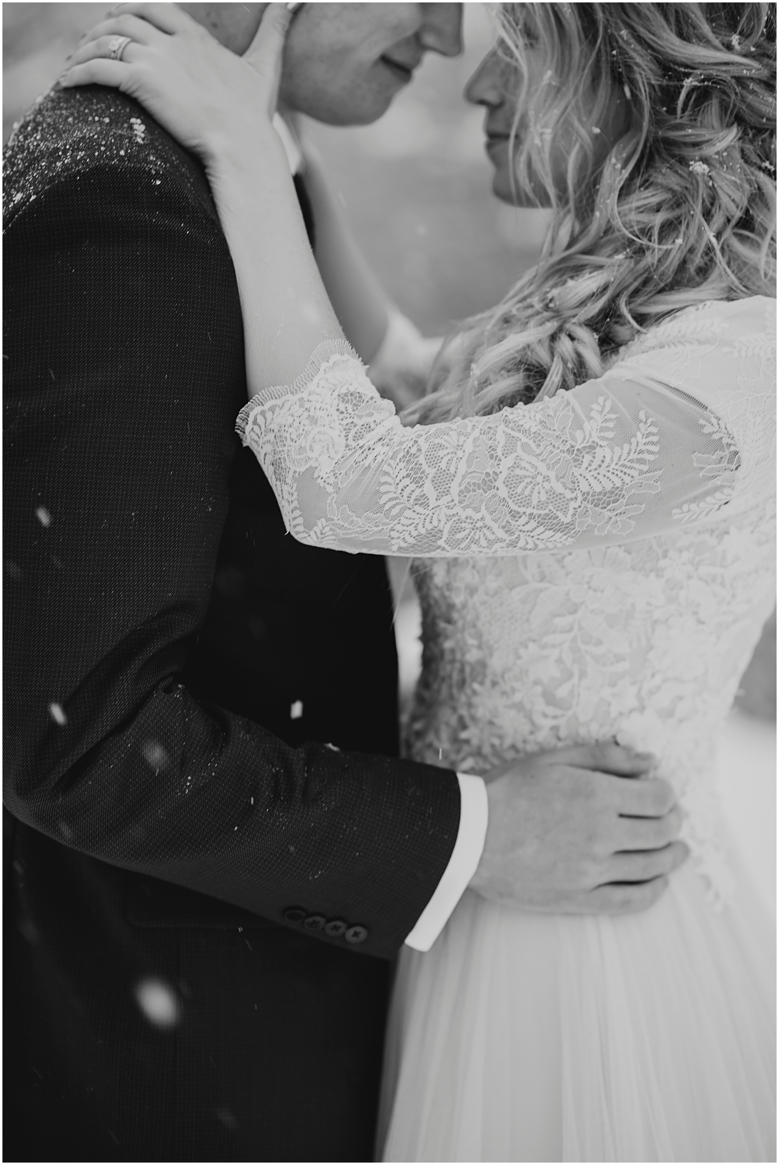 wedding, winter wedding, utah wedding, lace dress, lace wedding dress, snowy wedding shoot, bridals, winter bridals, bhld dress, bhld lace wedding dress, b&w wedding photos, b&w lace dress, black and white wedding photo