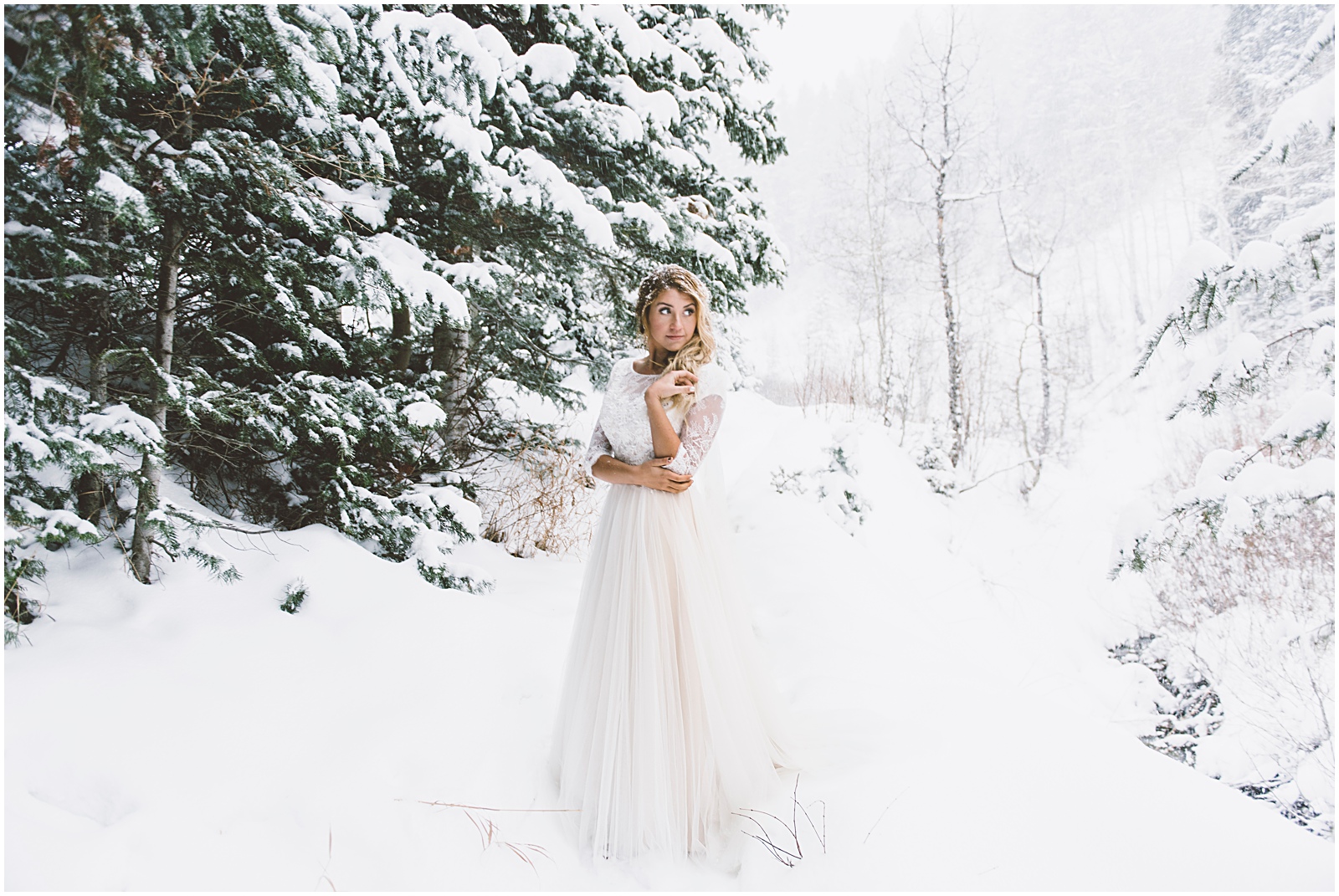 wedding, winter wedding, utah wedding, lace dress, lace wedding dress, snowy wedding shoot, bridals, winter bridals, bhld dress, bhld lace wedding dress, 